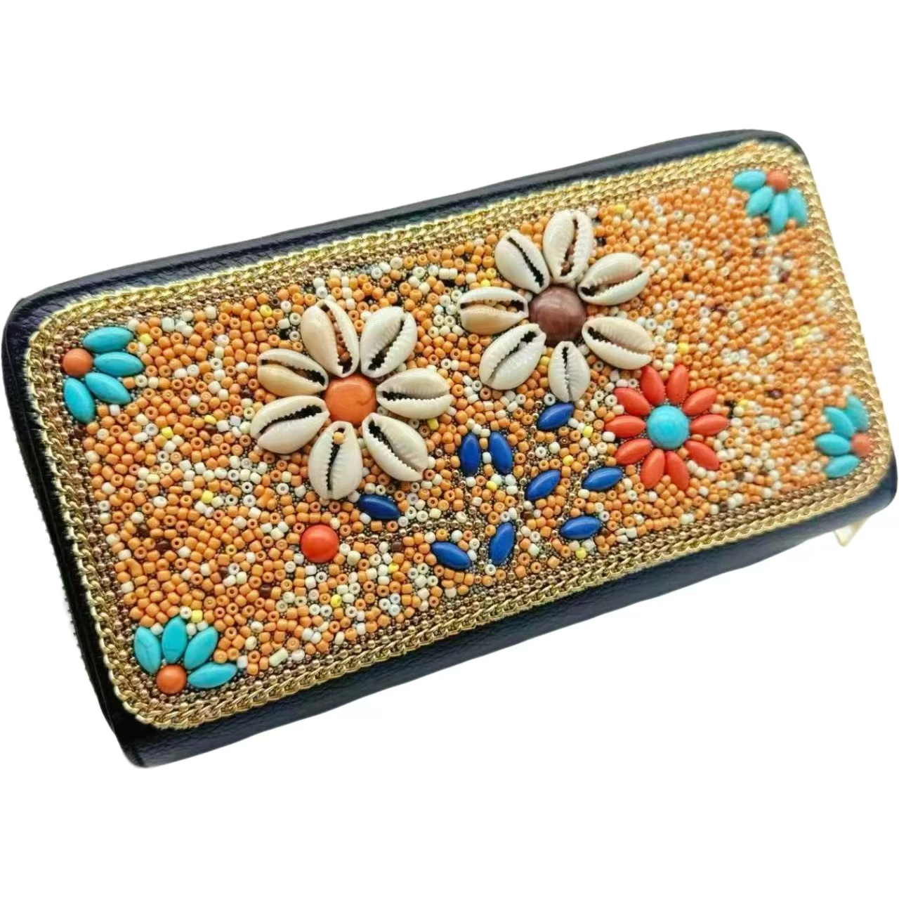 Handmade Beaded Shell Flower Wallet Orange, Blue, Red Ethnic Women's Long Wallet Travel, Vacation, Beach Style