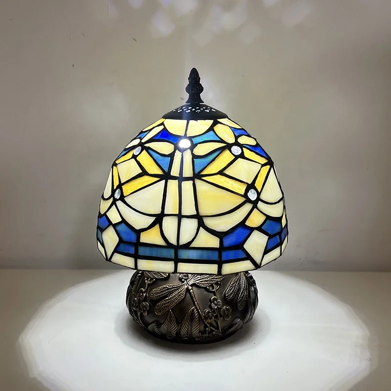 8Inch Simple Pattern Traditional Tiffany Stained Glass  Lamp Dome Iron Glass Desktop Reading Night Table Light