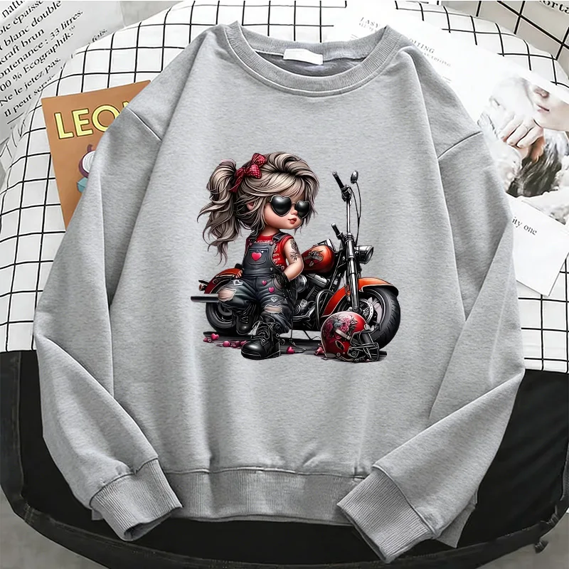 Streetwear Motorcycle Girls Print Womens Hoodies Fashion Sweatshirt Crew Neck Pullover Winter Autumn Casual Female Clothes