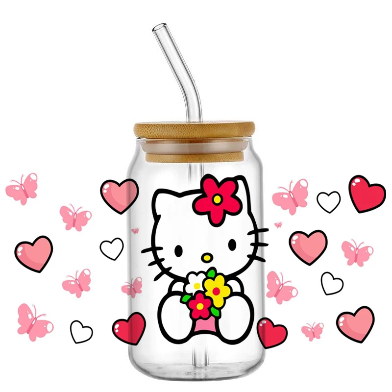 MINISO 3D Lovely Cartoon 16oz UV DTF Transfer Sticker for Libbey Glass Can Kitty Cat UV DTF Wraps Cup DIY Waterproof Decals