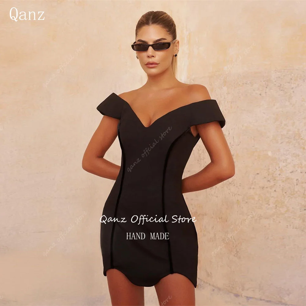 

Qanz Modern Black Satin Prom Dress Off The Shoulder Mini Robe Cocktail Femme Short Party and Events Woman Dress Customized