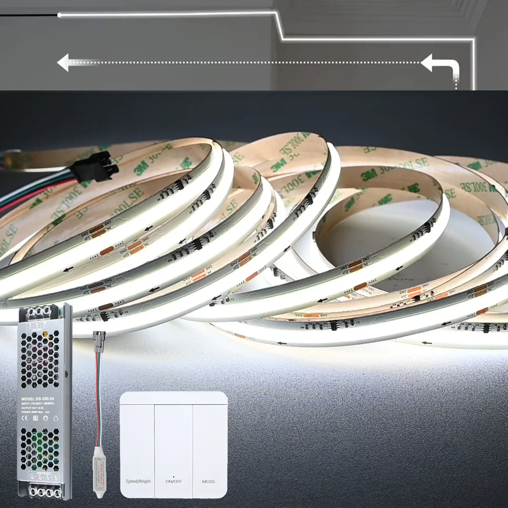 5M 10M 20M COB Running Water Flowing LED Strip 24V Horse Racing Light Room Flexible Linear Lamp RF Wall Panel Remote Control KIT