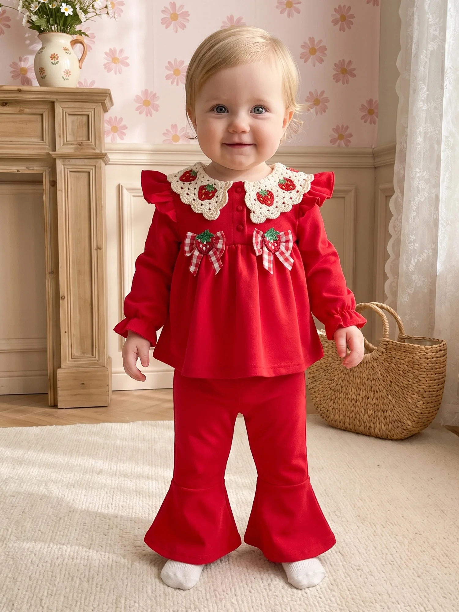 Tops Flare Fall Outfits Crochet Girl Fall Outfits Girl Strawberry Sleeve-Tops Strawberry Long Girl Fall Outfits