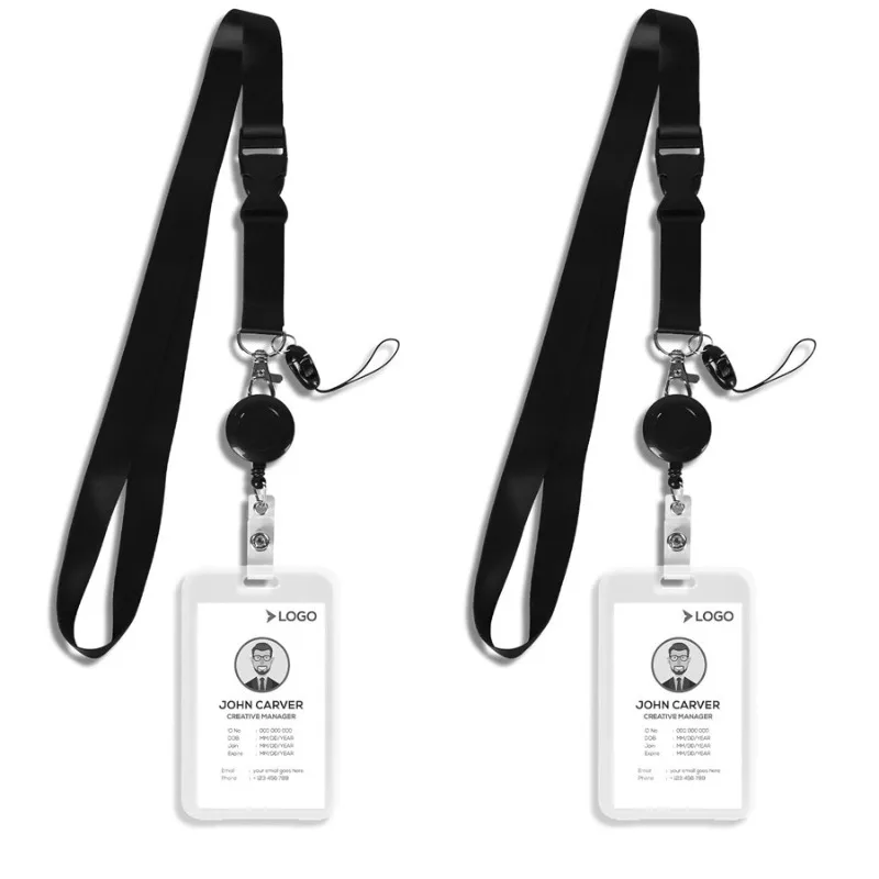 Professional ID Card Holder Set Double Clear Case with Retractable Lanyard Black Bulldog Clip for Company Security Badge