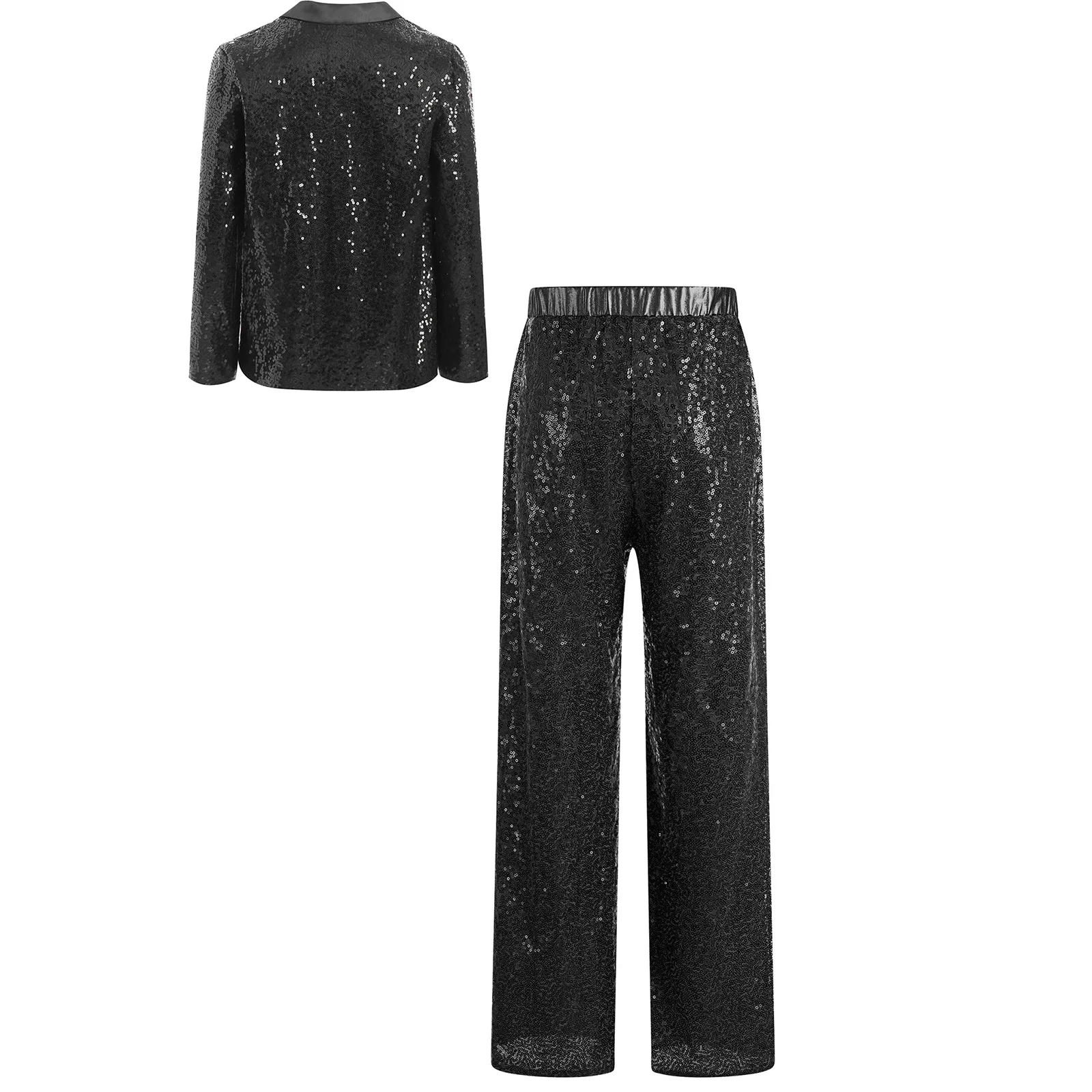 Kids Girls Retro Disco Dance Performance Costume Outfit Sparkly Sequins Notched Lapel Long Sleeve Blazer Jacket Coat+Pants 2Pcs