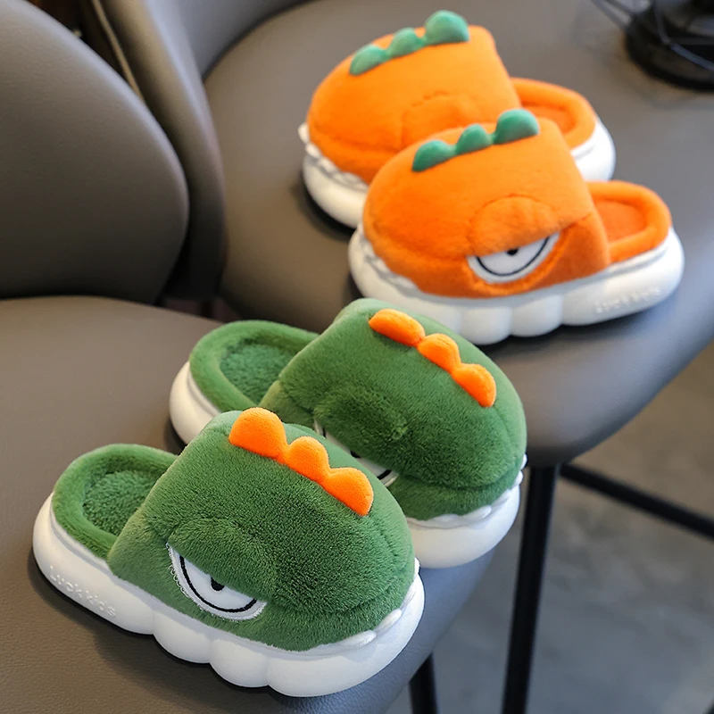 Winter Warm Plush Slippers Children\'s Funny Cartoon Dinosaur Non-slip Soft Sole Kids Baby Boys Girls Indoor Home Cotton Shoes