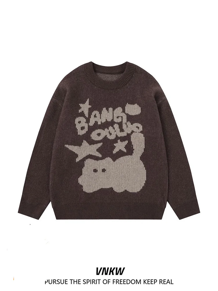 

Вязаный свитер в стиле ретро с американским мультяшным узором, свободный крой, осень-зима, теплый модный топ для пар, ленивый топ