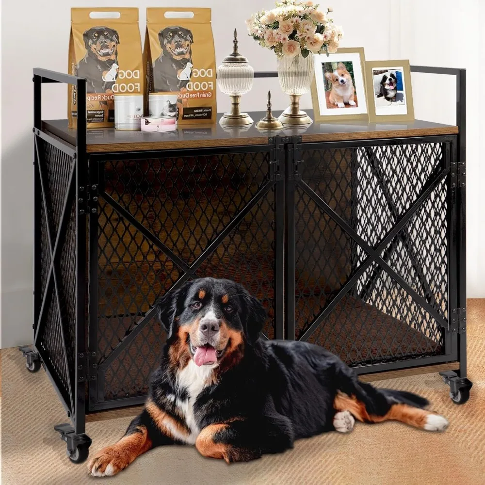 

41" Dog Crate Indoor Furniture-Style for Large & Medium Dogs, Heavy Duty Wooden Indoor Dog Cage with 4 Lockable Wheels &Cushion