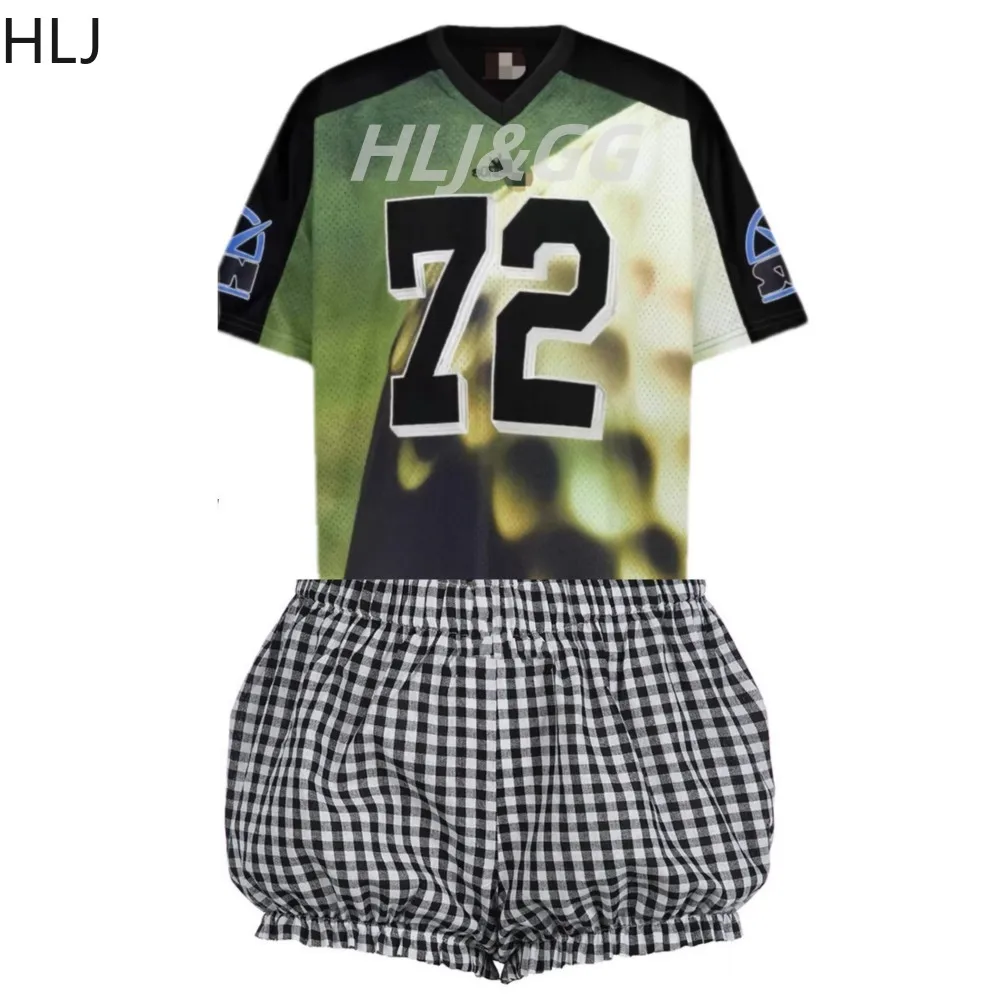 HLJ Green Basketaball Tshirt Two Piece Sets Women V Neck Letter Loose Top And Ruffle Shorts Outfits Fashion Y2K 2pcs Clothing