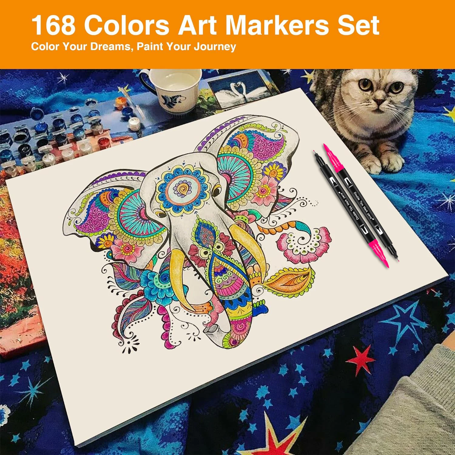 مجموعة ألوان مائية مكونة من 168 لونًا وفرشاة ألوان مائية رفيعة ذات طرف مزدوج للأطفال والكبار كتب تلوين بدون أقلام طلاء للرسم