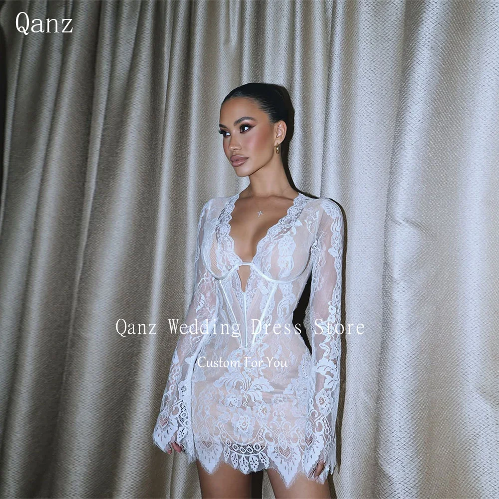 

Qanz Шикарные кружевные мини-свадебные платья Милые кружевные свадебные платья с длинными рукавами телесного цвета на подкладке Robe De Mariée по индивидуальному заказу