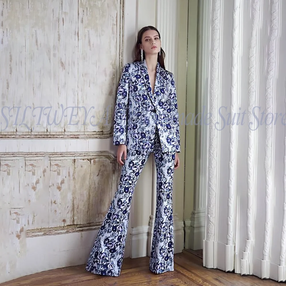 

Luxury Blue and White Porcelain Patterned Chinese Style Women's Suit 2 Pieces Jacket Pants High-end Trajes De Mujer Elegante