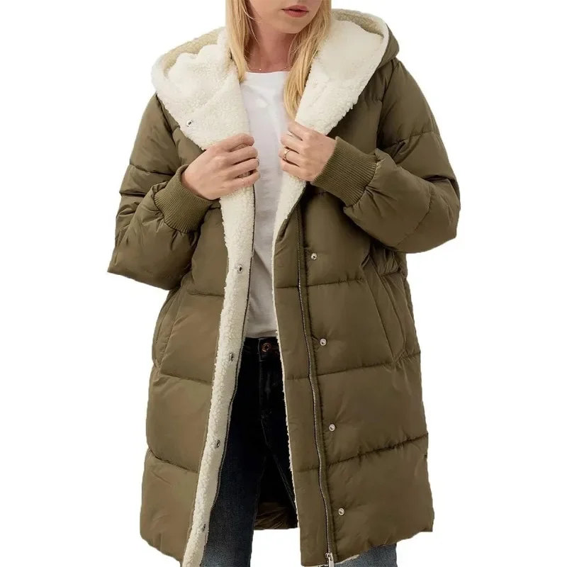 

2025 new women's winter warm jacket with wool lining and long hooded cotton jacket