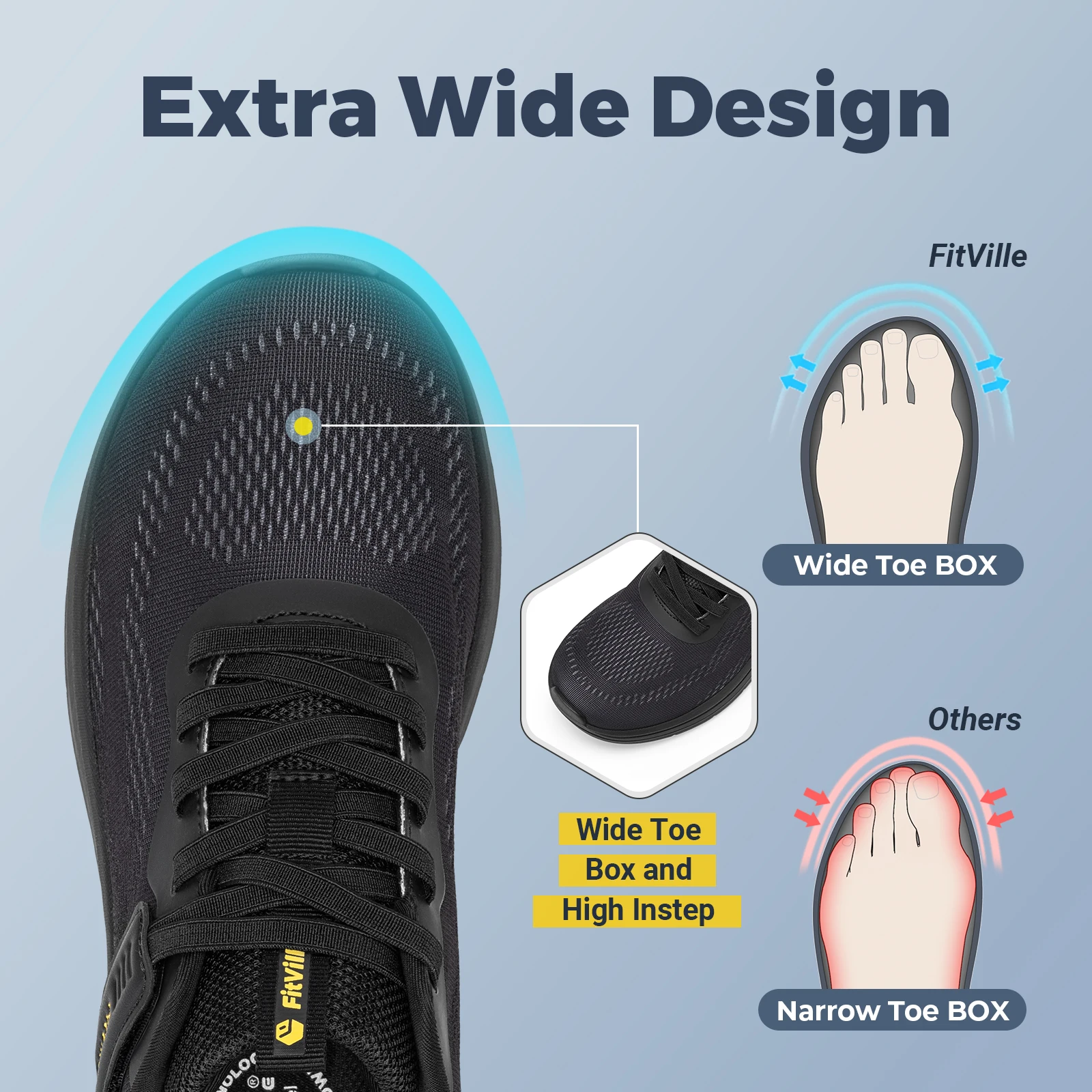 FitVille Wide Walking Shoes For Men Lightweight Running Shoes Men's Sneakers with Arch Support For Flat Feet Plantar Fasciitis