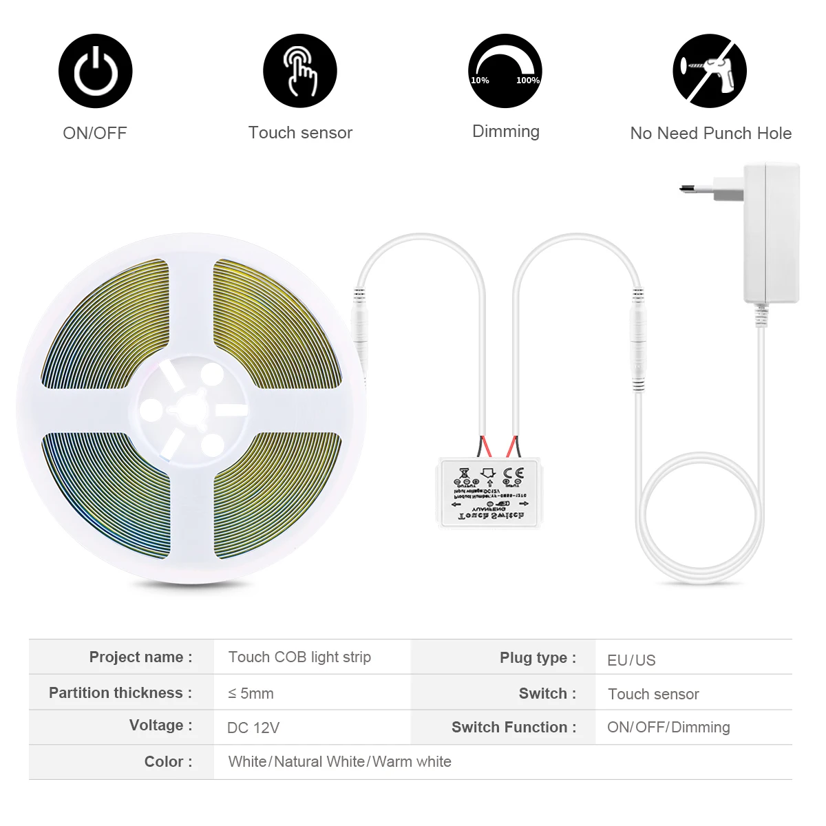 Makeup Mirror Bathroom Dressing Table Light DC12V COB Led Strip Light Touch Sensor Swtich Dimmable Lamp Tape LED Vanity Light