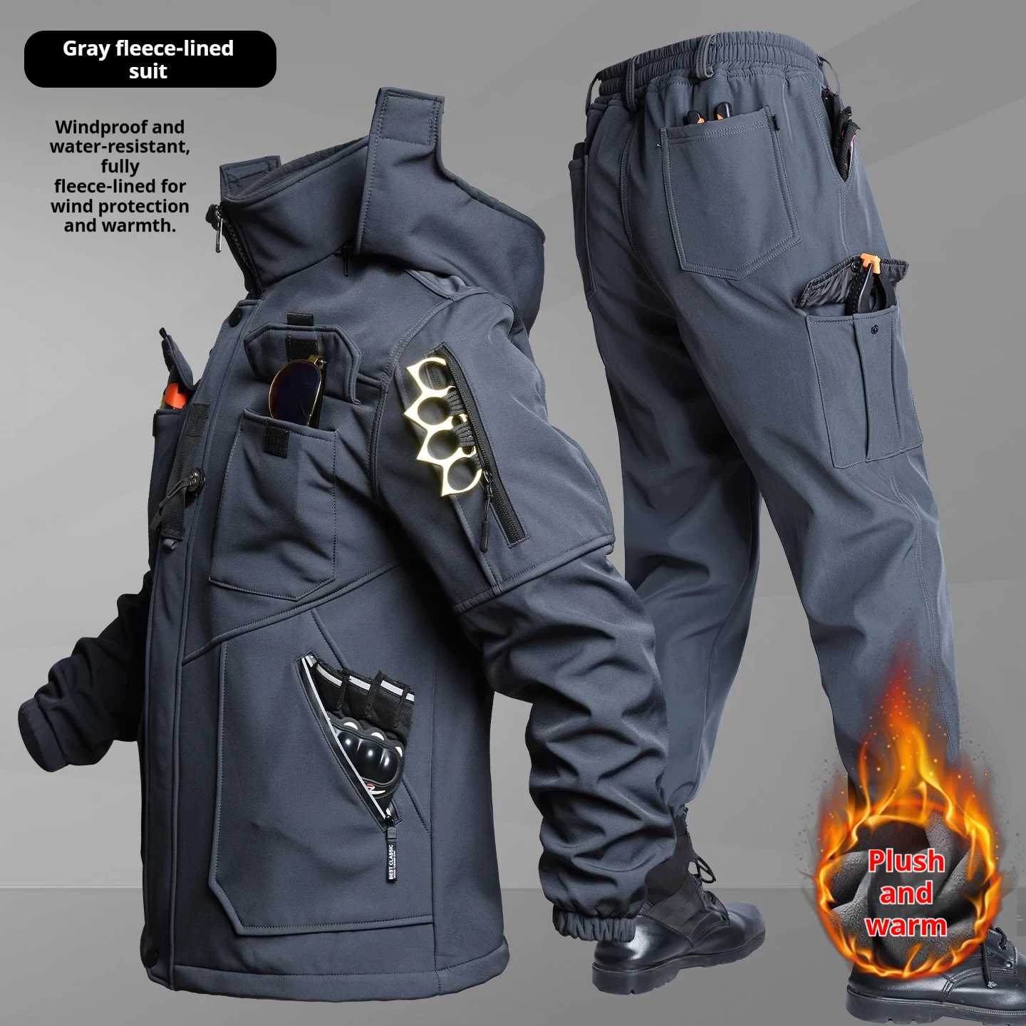 Windproof Jacket Softshell - ชุดแจ็คเก็ตและกางเกงกันหนาวแบบมีฮู้ด กันน้ำ กันลม บุด้วยผ้าพลัช พร้อมกางเกงหนาพิเศษสำหรับการฝึกยุทธวิธีในฤดูหนาว ขายดี