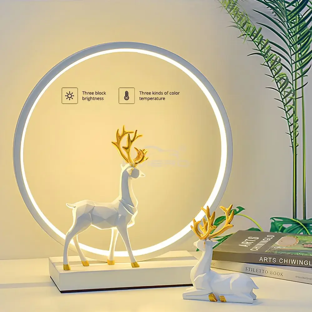 

Creative LED Circular Table Lamp Room Desk Decoration Atmosphere Lamp Nordic Bedroom Table Lamp Deer/Plum Blossom Night Light