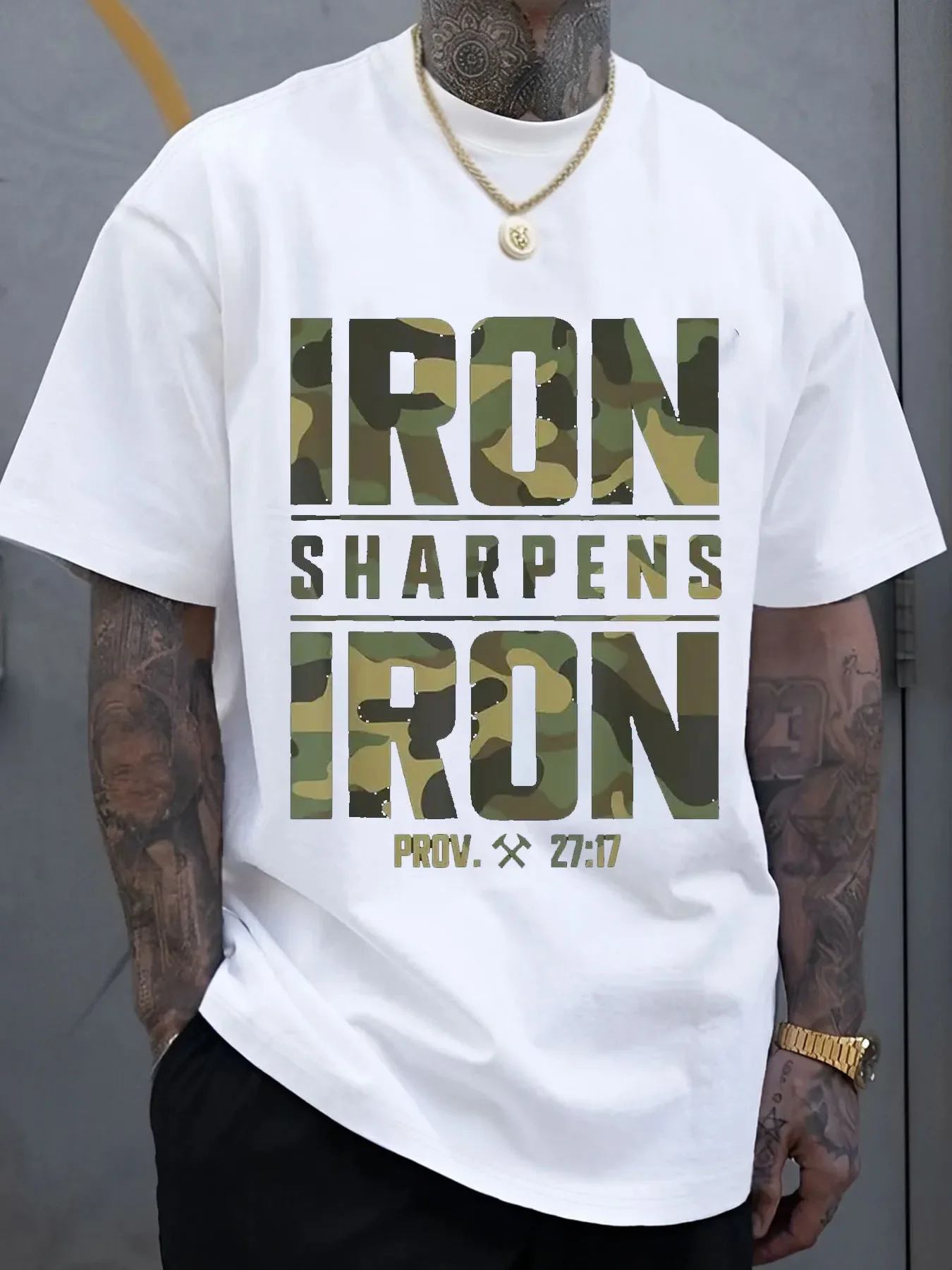 

CMBT Men's Oversized 100 Cotton Graphic T Shirt IRON SHARPENS IRON Proverbs Bible Verse Design, Geometric Print