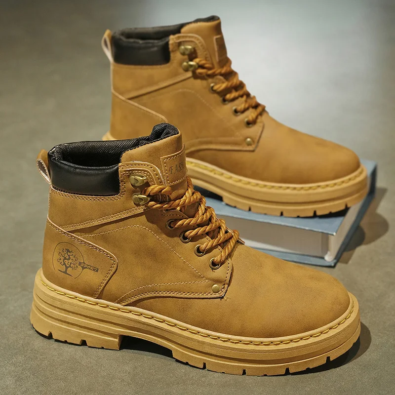 Men's Fashion Spring Platform Boots Comfortable Leather Non-Slip Work Shoes Brown Casual Cowboy Trendy Footwear