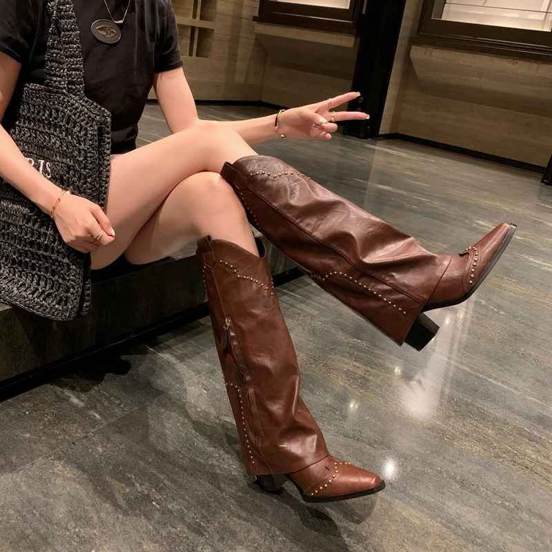 

Women's new autumn and winter leather cowhide metal rivet pointed high-heeled retro and knee high boots Western cowboy boots