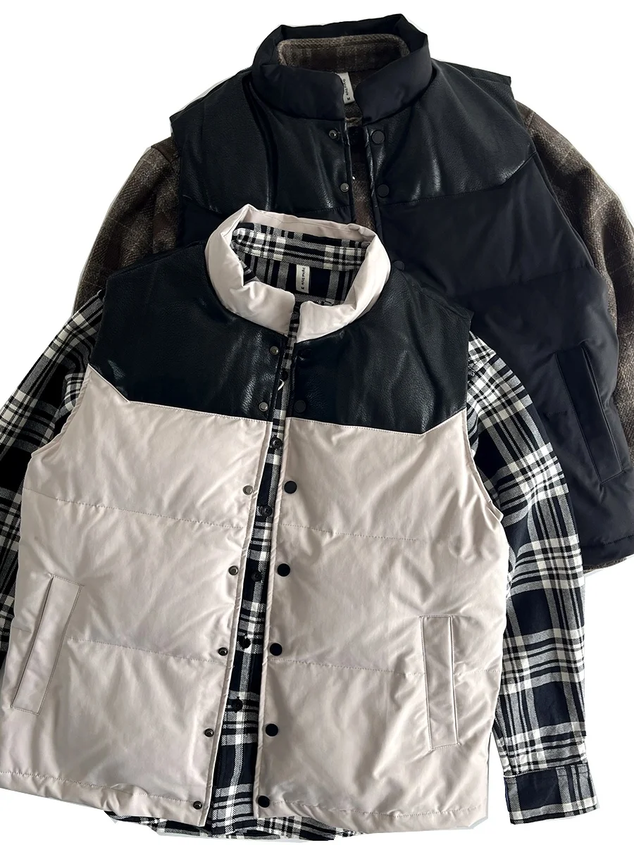 

Утепленный мужской жилет из искусственного пуха с кожаными вставками и наплечниками, в стиле ретро, осенне-зимний, модный, молодежный, из полиэфирного волокна