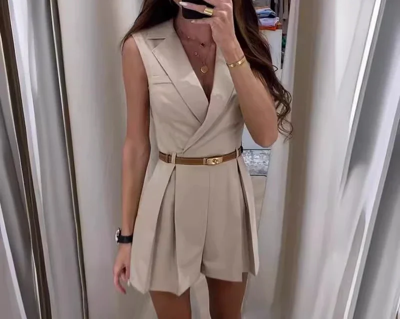 Blazer Short Jump suit Woman Summer 2024 Elegant Sleeveless Body Suit for Female Fashion Conjoined Body Pant Female Streetwear