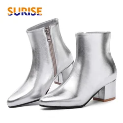 Plus Size Winter Women Ankle Boots 6cm High Square Heels Black Silver PU Casual Office Lady Zipper Plush Pointed Toe Short Boots