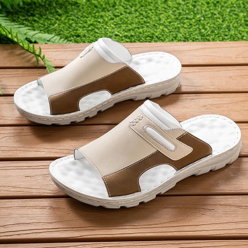 Summer New Shoes for Men Leather Slippers Street Fashion Casual Slides Soft Beach Shoes