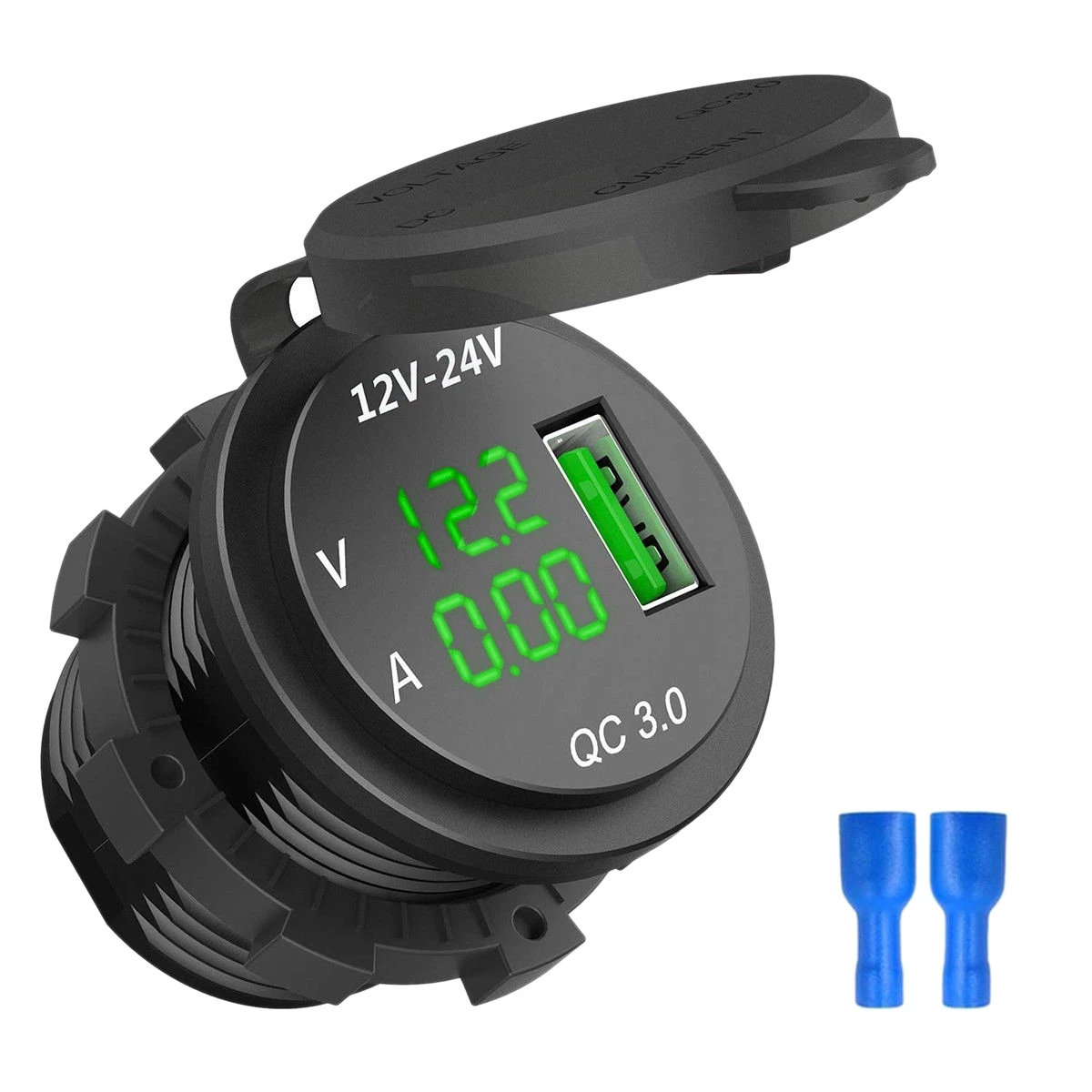 Imagem -02 - Carregador Usb para Isqueiro do Carro Carregamento Rápido Voltímetro Led Amperímetro Preto e Verde 3.0 12v 24v