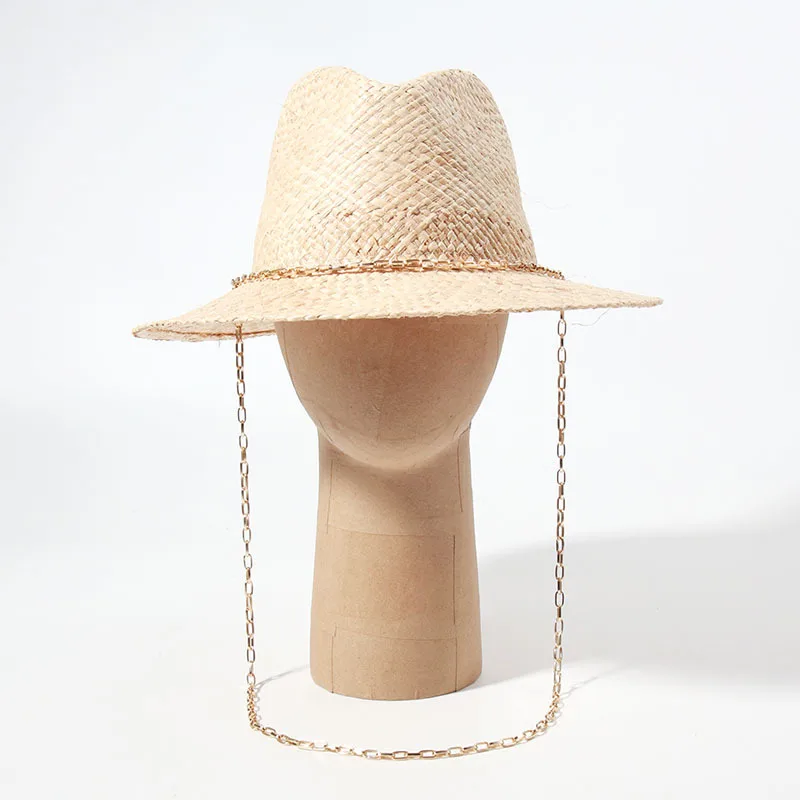 Women New Chain Design Raffia Straw Hat Summer Vacation Sun Protection Beach Cap