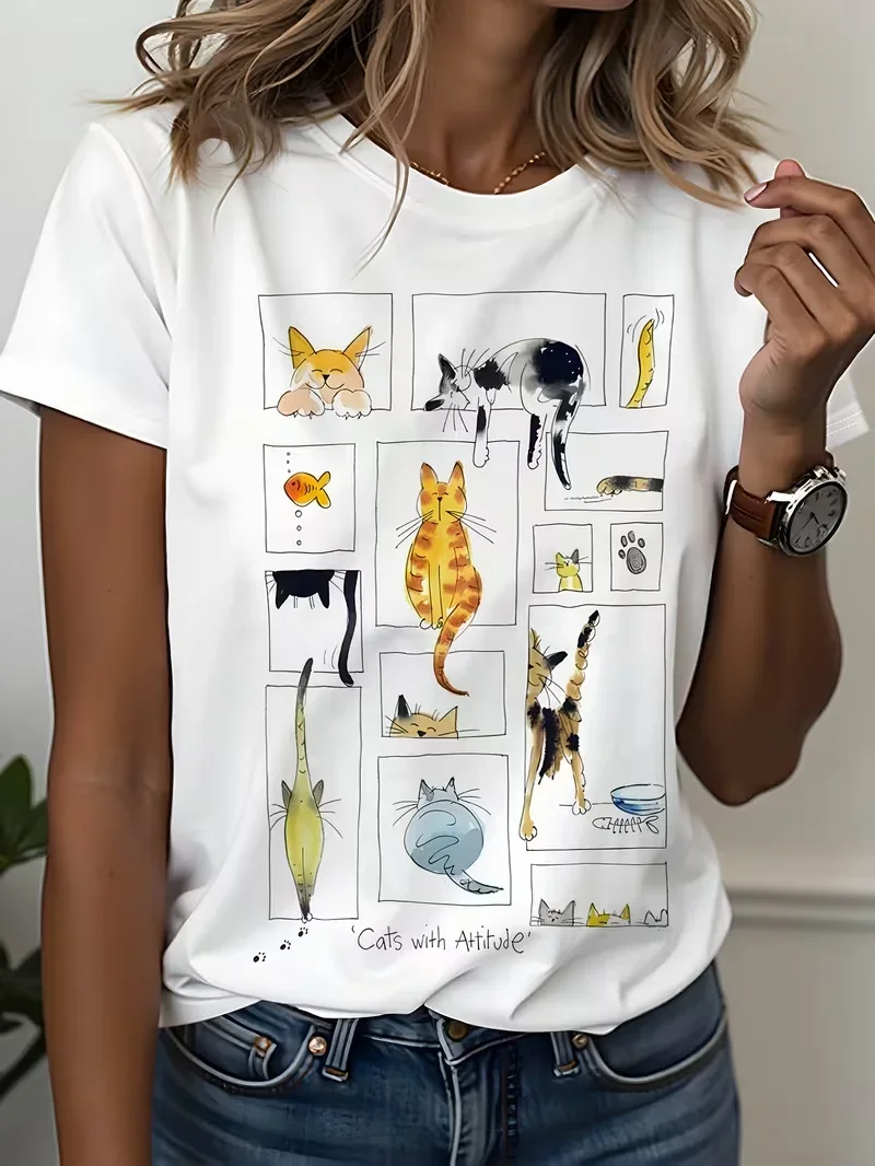 Women'S Short-Sleeved T-shirt with Illustrations  Multiple Cats in Funny Poses, Hand-Painted Style, Eye-Catching for Daily Wear