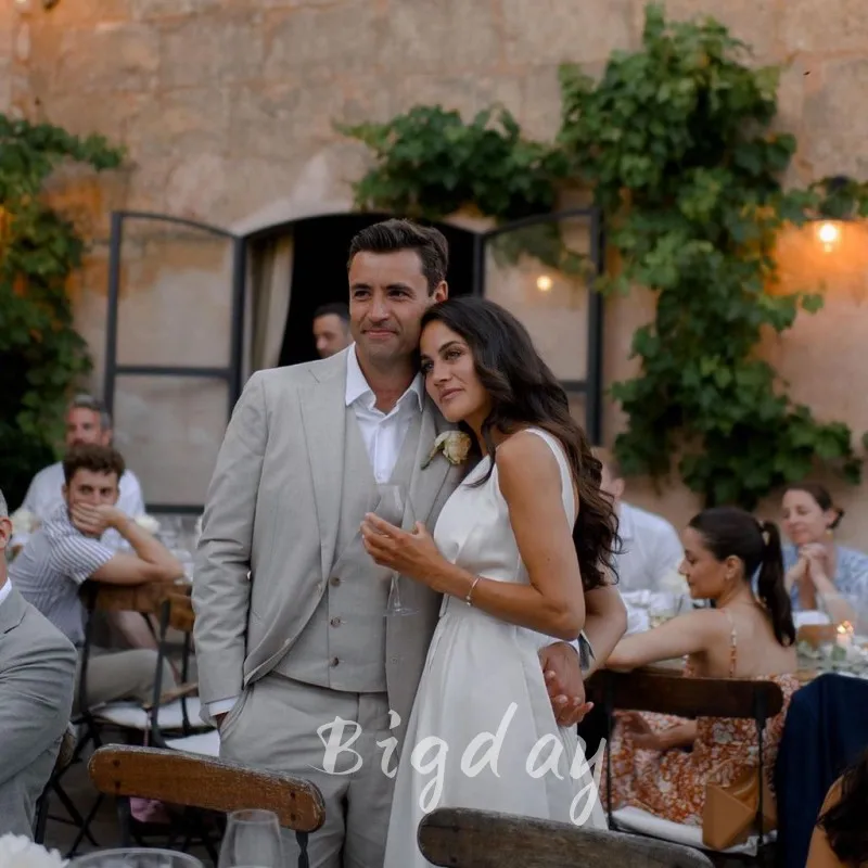 Vestido De novia elegante De línea a con cuello en V para mujer, vestido De novia con espalda abierta, plisado De satén, tirantes finos, tren De barrido