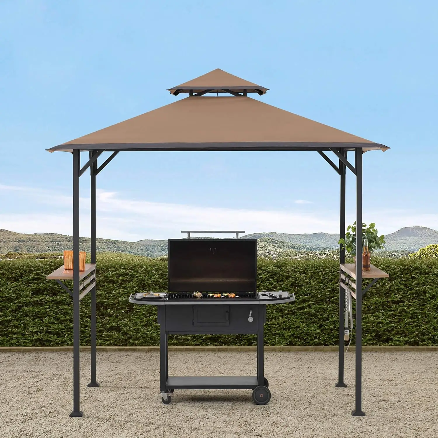 

Black Steel Frame Grill Gazebo for Outdoor, Patio, Garden, and Backyard Activities, Khaki