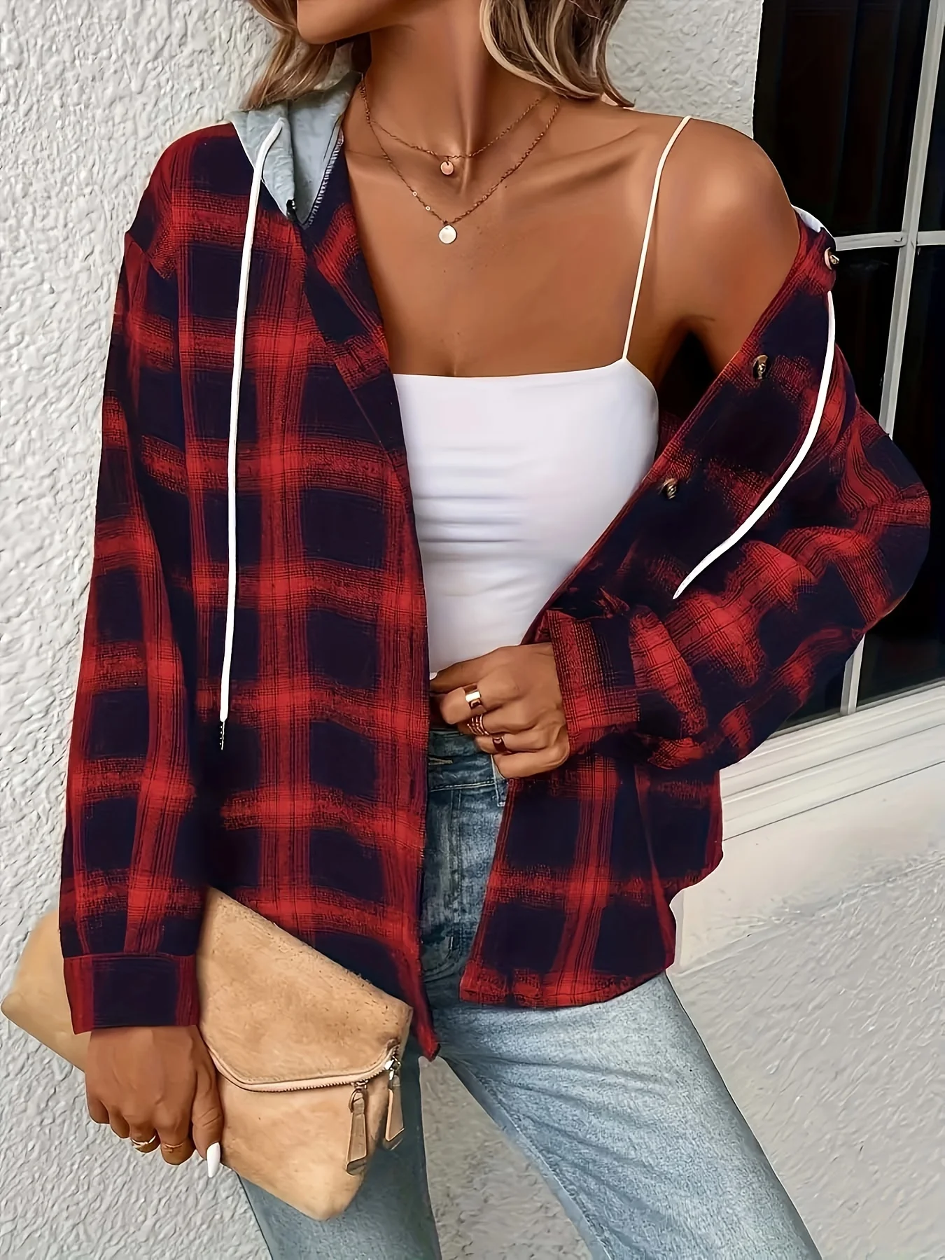 Plus Size Women\'s Plaid Print Long Sleeve Drawstring Hooded Button Up Casual Blouse