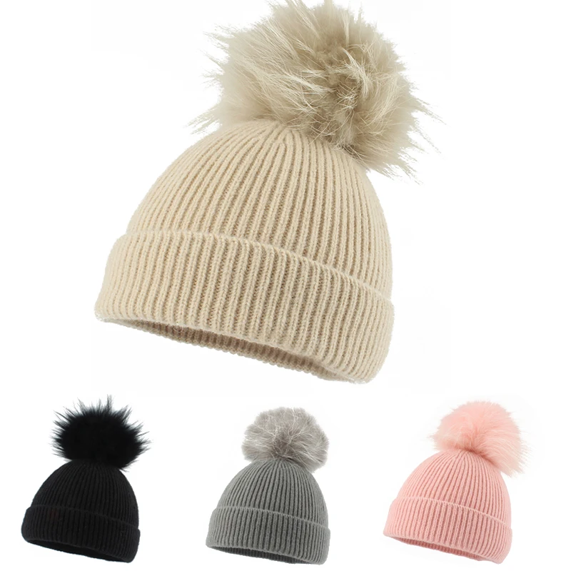 

Big Real Fur Pompom Hat Warm Knitted Wool Skullies Beanies Baby Winter Cap Girls Boys Kids Knit Beanie Hats With Pom Pom