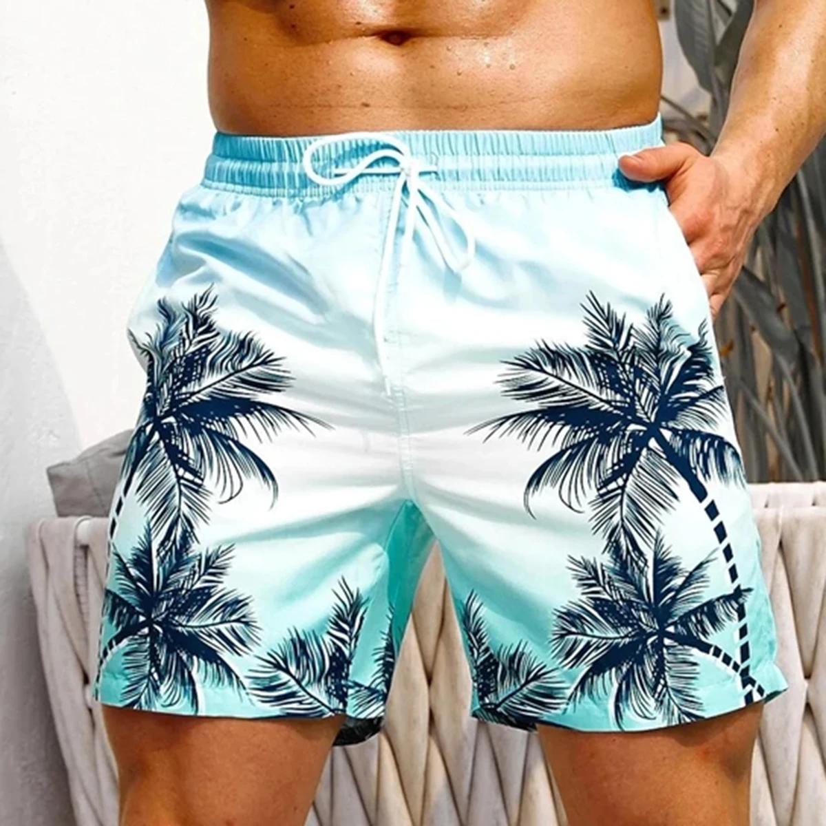 

3D Printed Tropical Plant Shorts - Men's Retro Palm Design Summer Hawaiian Breathable Swimwear