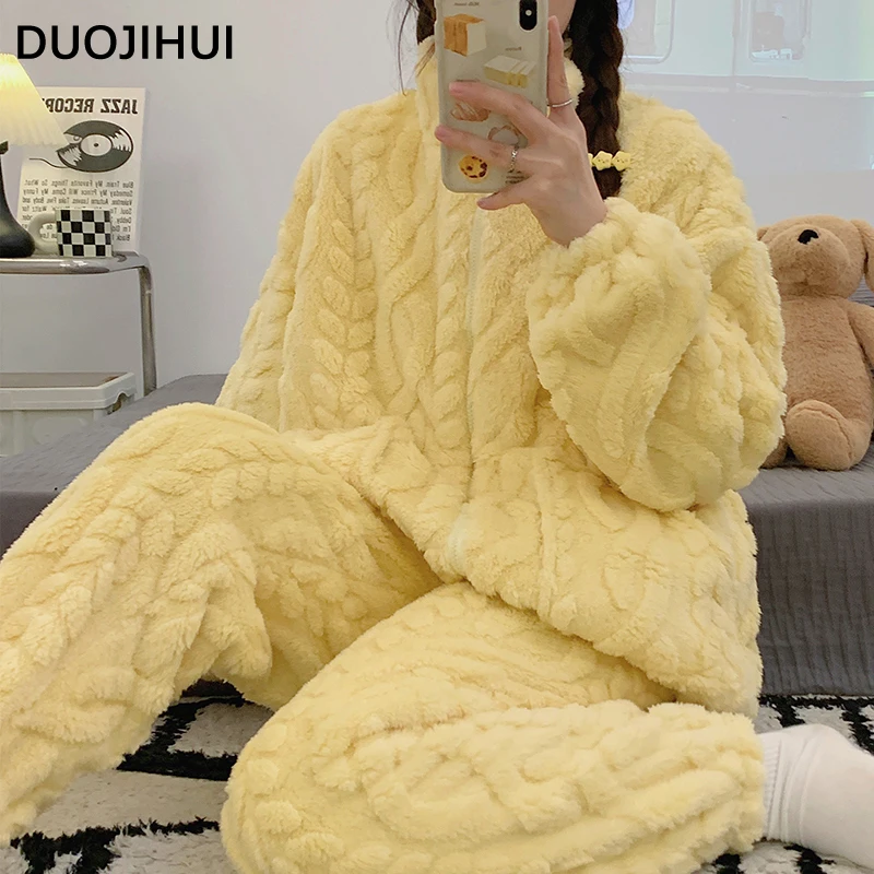 DUOJIHUI Yellow Winter Thick Warm Soft Flannel Female Pajamas Sets New Loose Simple Pure Color Fashion Pocket Pajamas for Women