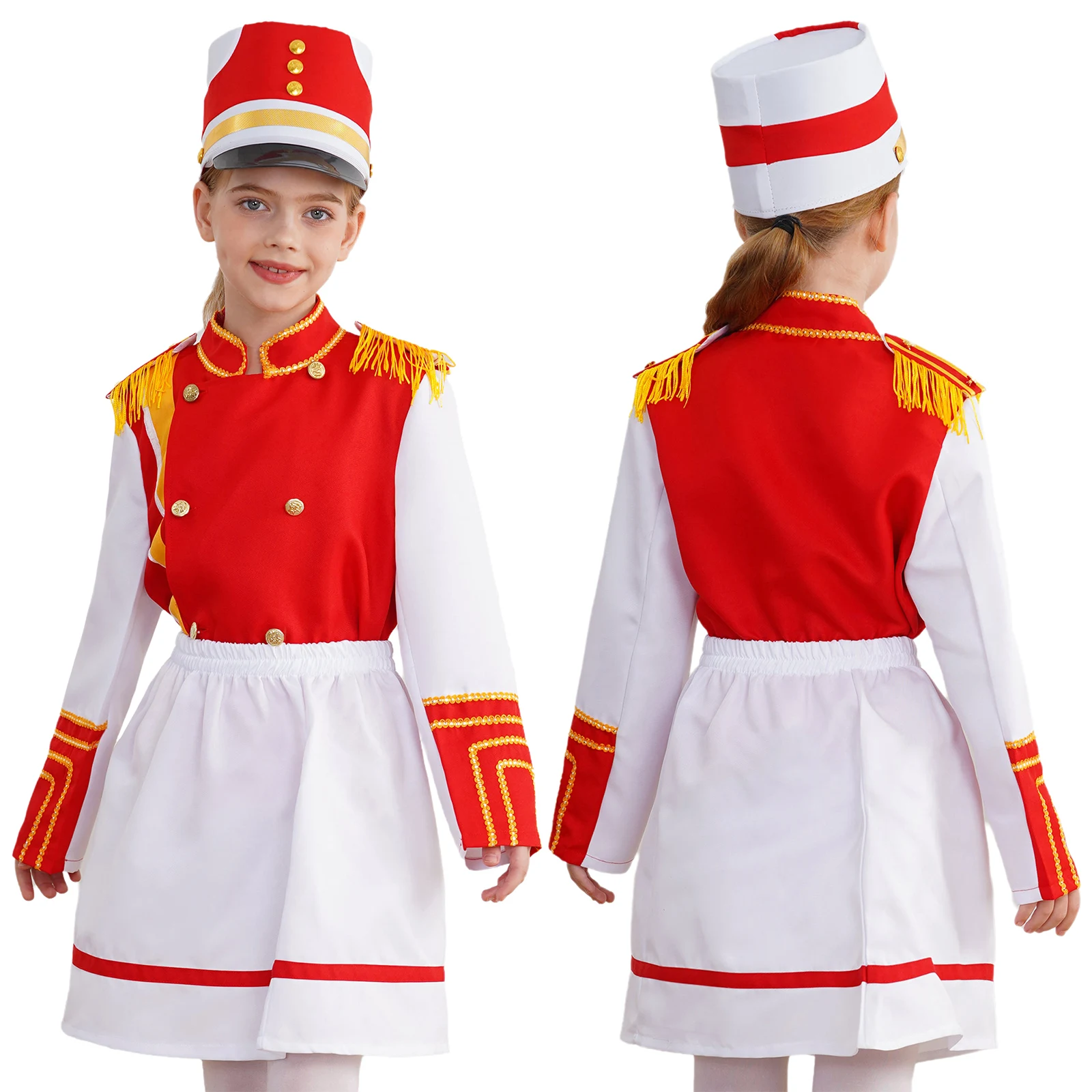 Teen Girl Drum Major Costume Marching Band Uniform Trumpet Honor Guard Flag Raising Outfit Halloween Carnival Top with Skirt Cap