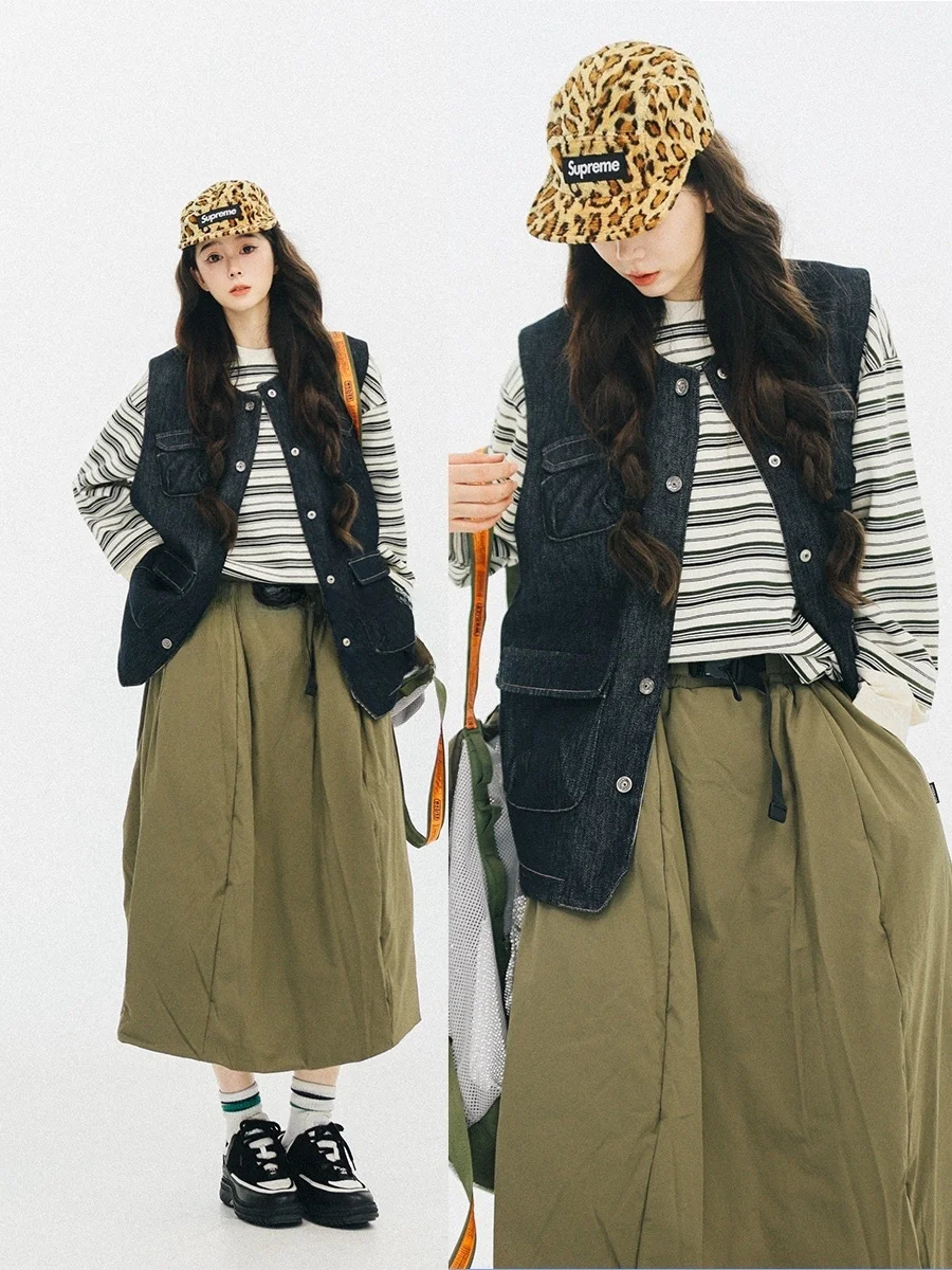 

Винтажный хлопковый жилет-рубашка OOK Du Home Original Cow Series с круглым вырезом и длинными рукавами, свободного кроя, в стиле ретро, с множеством карманов