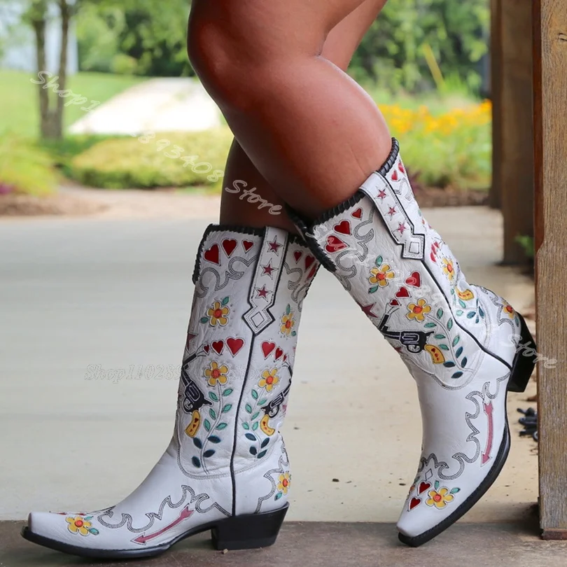 

White Print Decor Cowboy Boots Pointed Toe Chunky Heels Fashion Design for Women Casual Dress Boots 2024 Zapatos Para Mujere