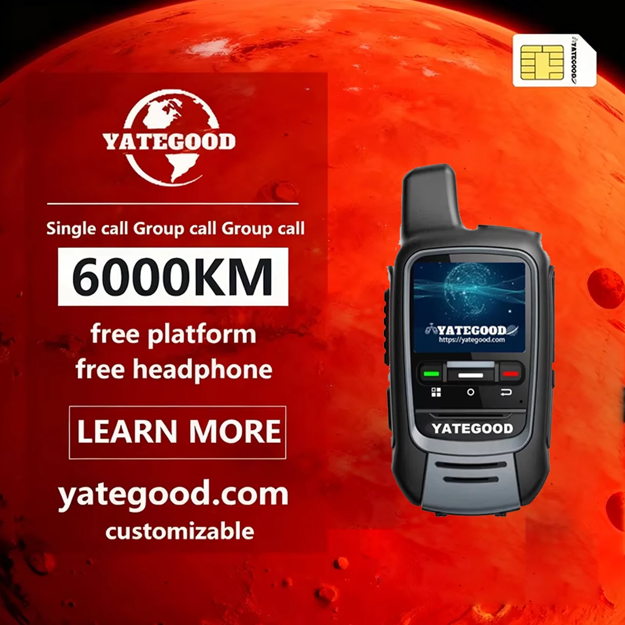 YATEGOOD G300 POC Walkie Talkie Sem limite de distância Intercom Long standby Portátil Mais de 5000KM 4G 5G