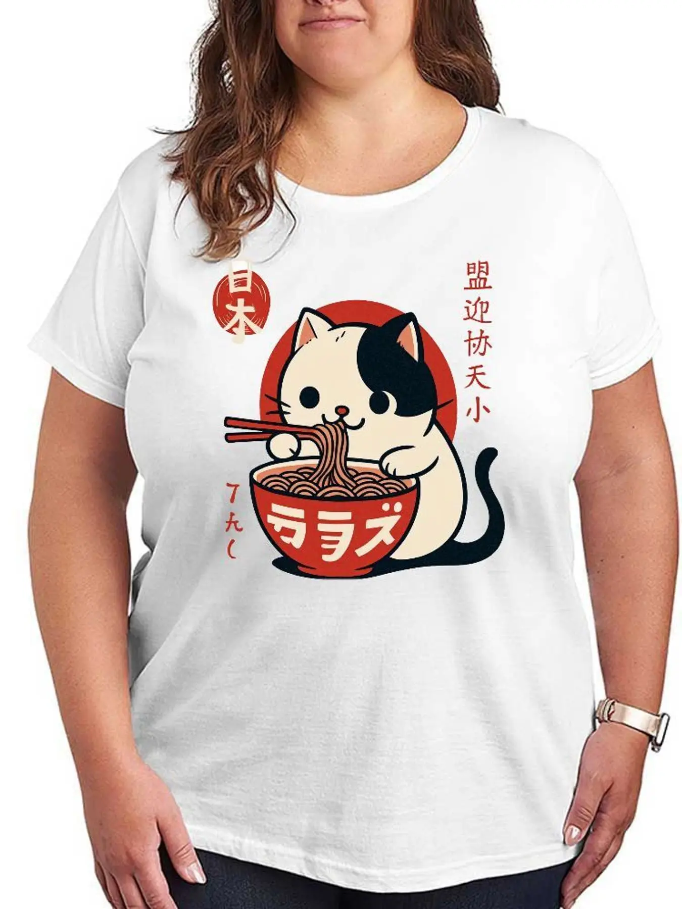 Cute Cat Ramen Graphic T Shirt Women Fashion Casual Stretch Tee Plus Size Short Sleeve Summer Japanese Anime Print Tops Clothes