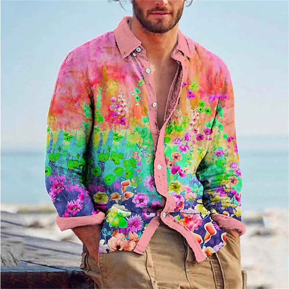 Men\'s Shirt Lapel Long Sleeve Spring/Summer New Creative Flower 3D Printing Pattern Casual Comfort Casual Men\'s Top 2023