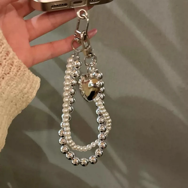 Luxury Bow Pearl Beaded Keychain Bracelet Lanyard Phone Charm Cute Love Heart Mobile Phone Camera Wrist Strap Anti-Lost Chains image 4
