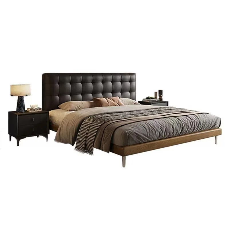 Light luxury leather waffle beech row skeleton master bedroom double bed ash wood soft bag modern simple minimalist bed