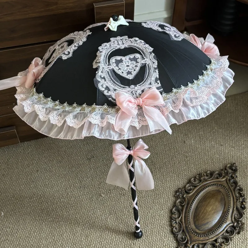 Creativity Sweet Cool Lolita Parasol Black Pink Sequin Lace Sunshade Cosplay Photo Prop Elegant Tea Party Costume Accessory