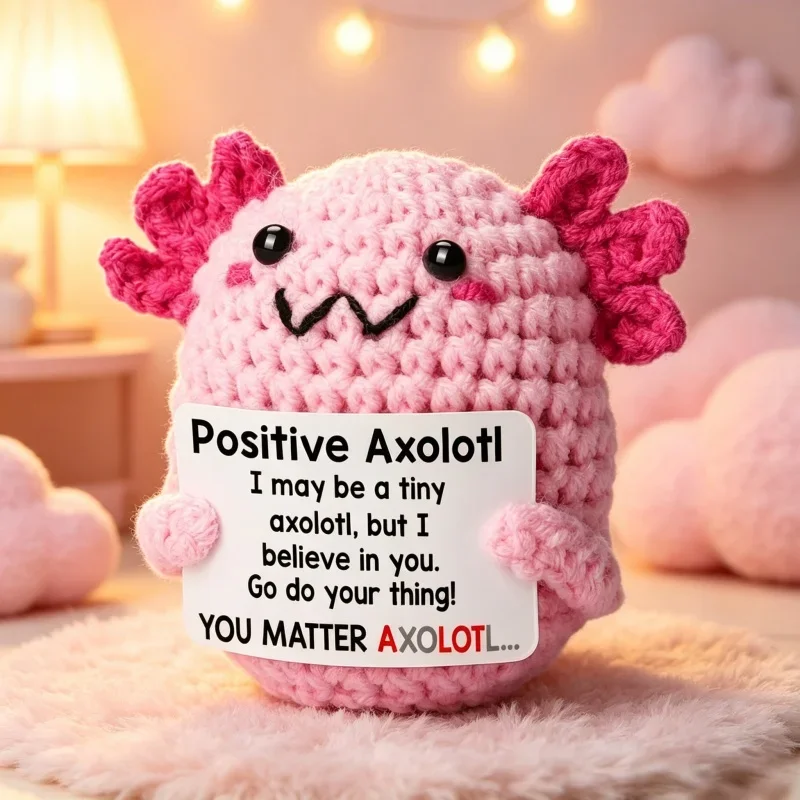 Funny Handmade Crochet Animal Axolotl Doll with Card Positive Energy Emotional Support Dolls Home Decoration Gifts for Friends