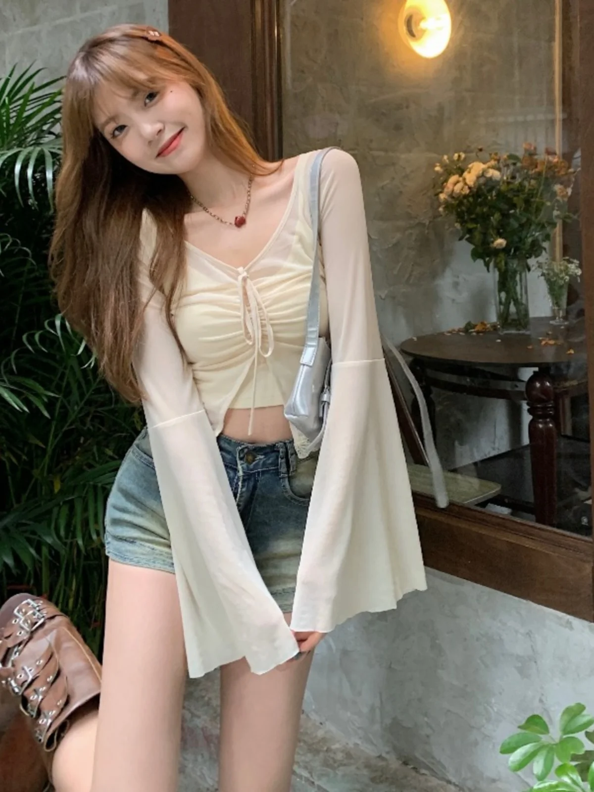 Sweet And Spicy Girl Fashionable Long Sleeve Sun Protection Shirt Cover up Women's Strap Top Summer Style Two Piece Set