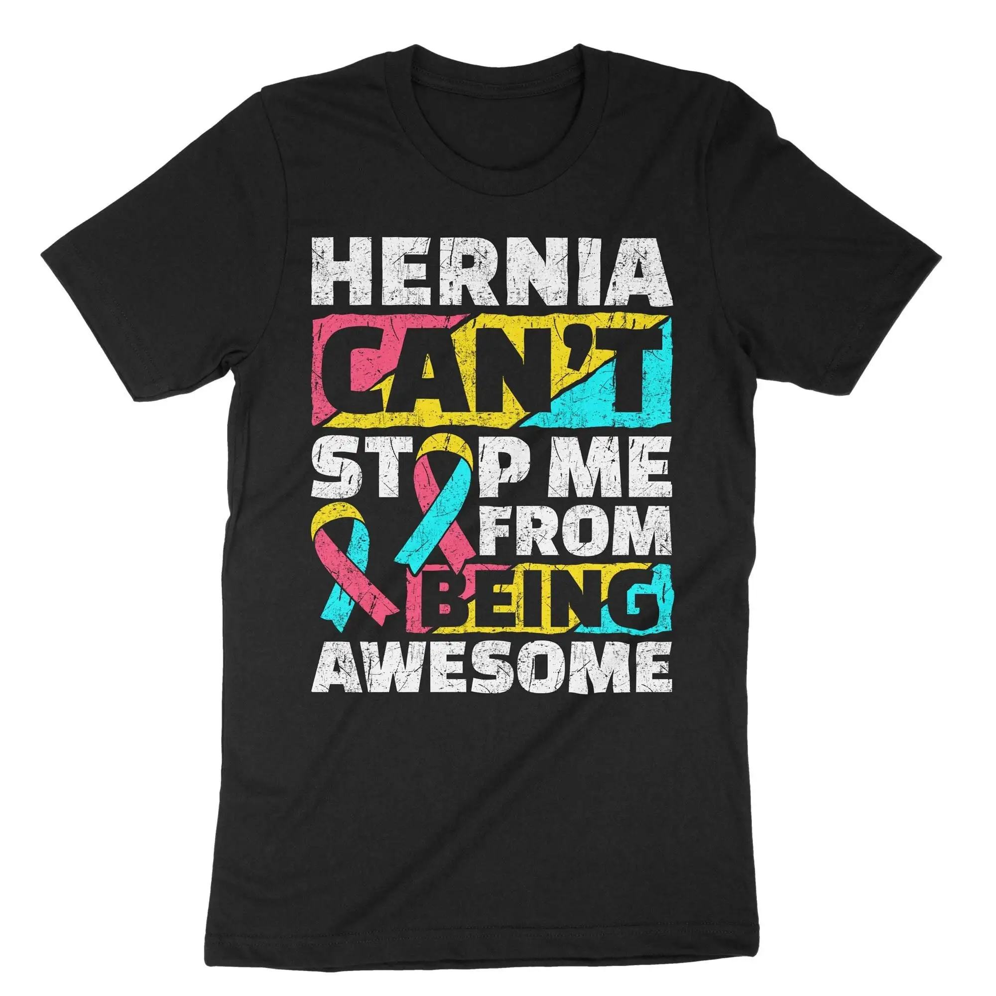 Hernia Can't Stop Me T Shirt Groin Hernias World Day Wear Pink Blue Yellow Ribbon Bowel Survivor