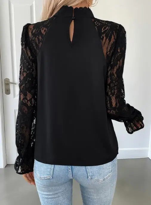 2025, neue Herbst Vielseitig Sexy Elegante Halb Hohen Kragen Einfarbig Spitze Langarm frauen Hemd